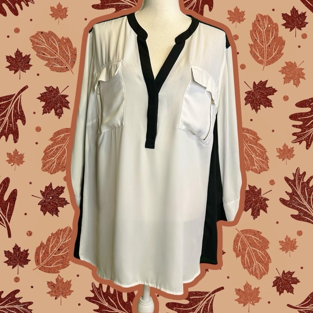 Lane Bryant Black & White Popover Roll-Tab Sleeve Blouse w/ Breast Pockets 26/28